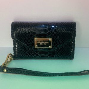 MICHAEL KORS Black Croc/Snake Mini Phone Wallet w/ Gold-tone Interior & Hardware